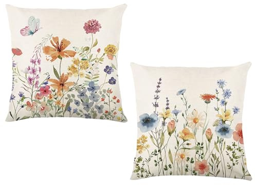 Housse de Coussin Printemps Lot de 2 Taies d'Oreillers 45x45 cm Housses de Coussin Floral et Papillon Housse Oreiller Taie D'oreiller Décoratif pour Taie Salon Jardin Maison Frühling Décor Cadeaux (A)