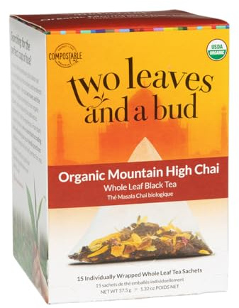 Two Leaves and a Bud Organic Mountain High Chai Tea Bags, Whole Leaf Black Tea and Spices in Compostable Sachets,15 Count (Pack of 1)
