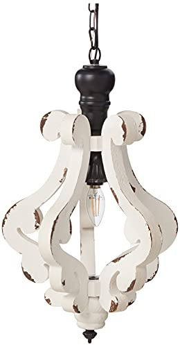 A&B Home Small Distressed White Pendant Farmhouse Rustic Chandelier White-Washed Wood Foyer Dining Living Room Decor 1-Light Candle Bulbs Off White 13 x 13 x 21