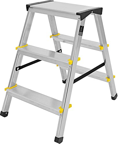 Trittleiter 3 Stufen Klapptritt Aluleiter, beidseitig begehbar 150 kg Traglast, TÜV-geprüft (2x3 150 TÜV)