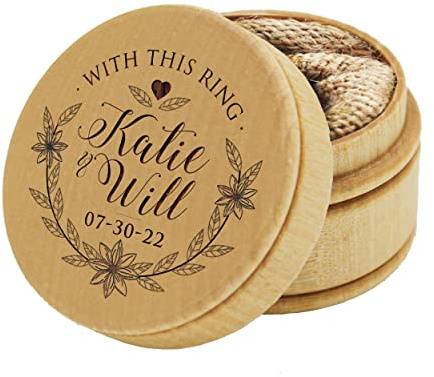 The Wedding Party Store, Custom Engraved Ring Box Holder - Personalized Rustic Round Wood Ring Bearer Wedding Box