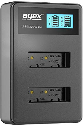 ayex USB Dual Ladegerät Kompatibel mit Sony NP-BX1 Akkus für zB DSC-H400 DSC-HX90v Lädt per USB zB an Laptop & Powerbank mit LCD-Ladestandanzeige