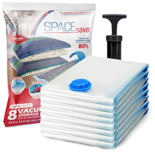 SpaceSaver Vacuum Storage Bags - Clothes Storage Bag Vacuum Pack - Space Saver Vacuum Storage Bags for Clothes Storage, Vacuum Bags for Bedding - Vacuum Bags for Clothes - with Pump (SMALL 8-Pack)