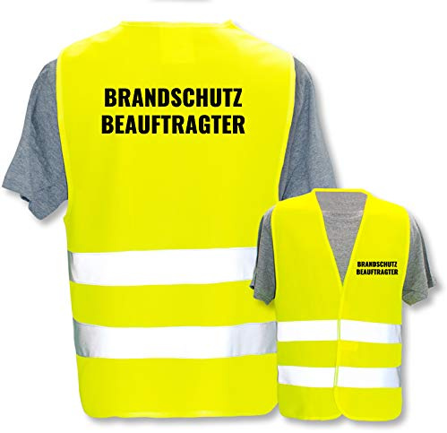 Bedruckte Warnwesten mit ISO-Leuchtstreifen * Standard- oder Reflex-Druck * Erste Hilfe und Brandschutz, Begriff:Brandschutzbeauftragter, Farbe + Größe:Gelb (M/L)