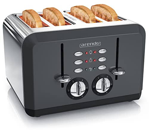 Arendo - Automatik Toaster 4 Scheiben in Edelstahl, bis zu vier Sandwich und Toast-Scheiben, Bräunungsgrad 1-6, Aufwärm und Auftaufunktion, Krümelschublade, 1630 W, GS zertifiziert