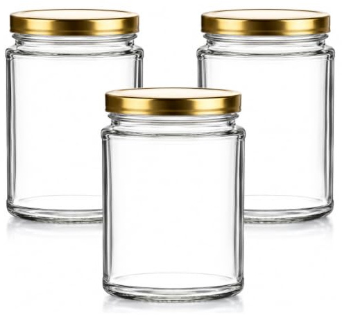 Set of 12x 500ml Panelled Jam Jars | 500ml Jam Jars | Including Gold Twist Off Caps | Glass Jars | Preserve & Chutney Jars | J&B