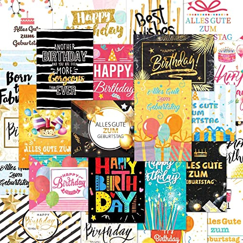 DEEPLAY 24 Holographic Birthday Card Assortment, Foil Gold Blank Greeting Card, Birthday Cards with Envelopes and Stickers, Glossy Elegant Bulk Happy Birthday Notes (4.7'' X 6.7)