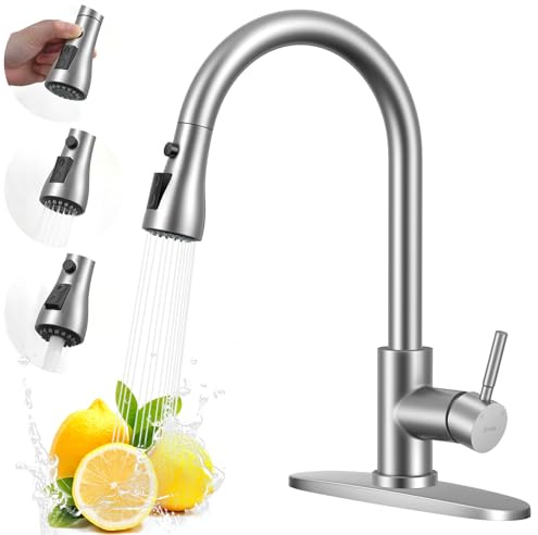 Arofa Kitchen Faucet with Pull Down Sprayer, Brushed Nickel Kitchen Sink Faucet Single Handle Stainless Steel for 1 or 3 Hole Farmhouse Laundry Utility Rv Bar Sinks