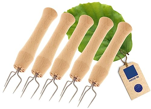 HOFMEISTER® Lot de 5 fourchettes à pommes de terre, fabriquées en Allemagne, sans plastique, parfaites comme brochettes pour pommes de terre ou porte-épis de maïs, en acier inoxydable, manche en bois