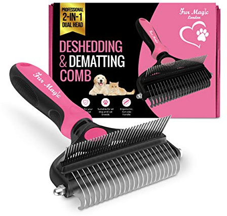 Fur Magic Deshedding & Dematting Comb, Grooming Brush 2-in-1 Undercoat Rake | Large Pink, for dogs and cats with long and medium hair, reduces shedding, removes mats and tangles, safe and skin-friendly