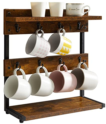 IBUYKE Rustic Coffee Mug Holder Stand, 2 Tier Countertop Mug Tree Holder Rack with Storage Base, Vintage Mug Holders for Kitchen, Holds 8 Mugs, Rustic Brown TBJ002H