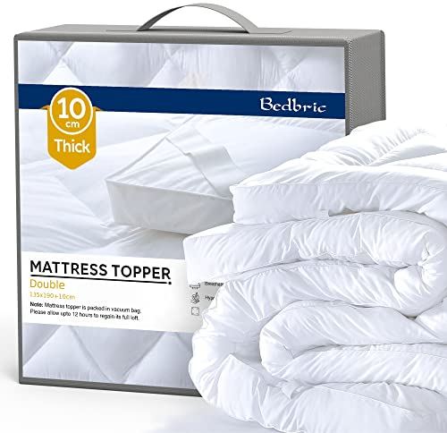 Bedbric Thick Mattress Topper Double Bed - 4 Inch, Hypoallergenic Quilted Microfiber, Ultra-Comfortable Double Mattress Topper with Non-Slip Elastic Straps, 100% Organic Filling - 135x190x10 cm