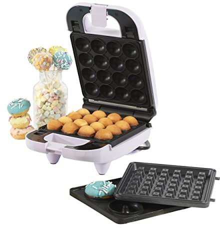 Giles & Posner Mini Treat Maker - 3 In 1, Makes 16 Cake Pops, 1 Waffle & 4 Doughnuts, Removable Non-Stick Plates, Easy Clean, 650W, Compact Design, Quick 3 Minute Preheat, Non-Slip Feet, Purple