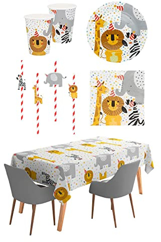 Boland - Safari Set décoration de table, décoration, gobelets en carton, assiettes, serviettes, nappe, pailles, anniversaire, fête des enfants, animaux