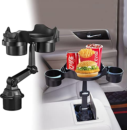 JSCARLIFE Car Cup Holder Expander w/ Tray, Multi-Functional Cup Holder Tray & Phone Slot,360 Rotation Detachable Tray Table Adjustable Base, Car Food Table for Most Cup Holders, Black (ST-T2192-2)