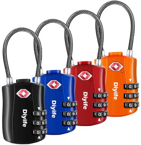 Diyife TSA Approved Luggage Locks with Flexible Steel Cable, Easy to Set up | 3-Digit Combination Suitcase Locks, Small Padlocks with Code for Travel, Bag, Backpack, Zinc Alloy Body (Multi-color, 4 Pack)