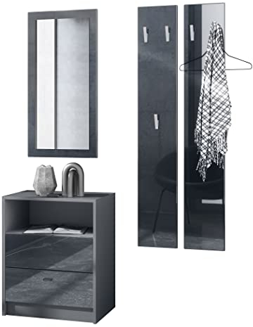 Vladon Garderobe Pino V1, Made in Germany, Garderobenset bestehend aus 1 Kommode, 1 Wandspiegel und 2 Garderobenpaneele, Anthrazit matt/Schwarz Hochglanz (ca. 130 x 185 x 36 cm)