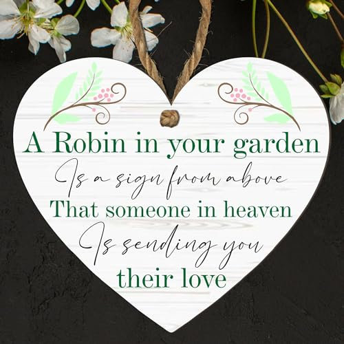 Robin Memorial Garden Grave Hanging Heart Wooden Heart Memorial Plaque with Robin Design - Remember Loved Ones in Heaven | Handcrafted Keepsake | Modern Rustic Home Decor | Made in UK