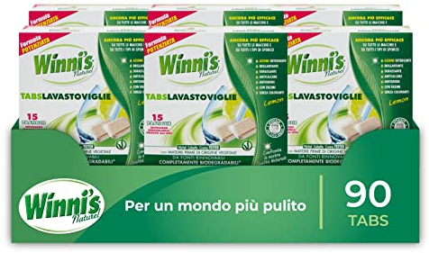 Winni's - Pastiglie per Lavastoviglie, 90 Tabs, Detersivo Multiazione Detergente, Sgrassante, Antiodore e Brillantante, Fragranza di Limone, con Materie Prime di Origine Vegetale, Confezione da 6
