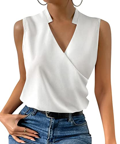 ORANDESIGNE Débardeur Femme Chic Et Élégant Top Chemisier Sexy Blouse Ample Haut Été sans Manches Tee Shirt Col V Fluide Mode Casual Chemise Classique Debardeur Travail Camisole A Blanc XL