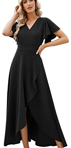Long Black Formal Dresses for Women Gowns Evening Party Cocktail Dress,Split Elegant V Neck Wrap Ruffle Wedding Guest Dresses Black-XXL