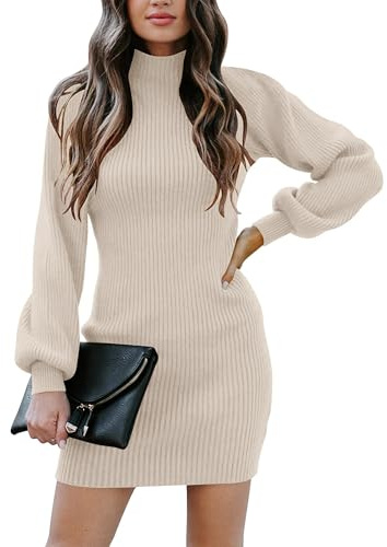 Timuspo Women's Turtleneck Jumper Dress Casual Long Sleeve Ribbed Knitted Elasticity Slim Bodycon Mini Sweater Dresses