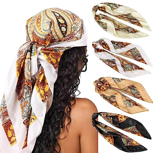 DRESHOW 4 Styck Square Satin Headscarves Hårtorkar Silk Accessories