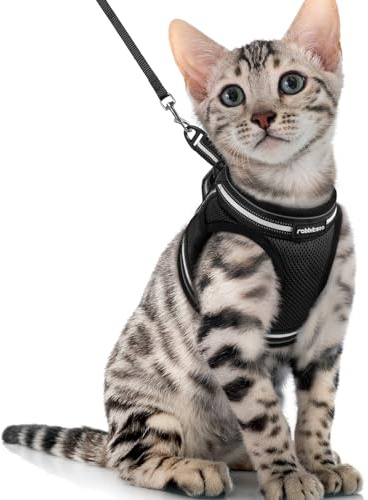 rabbitgoo Katzengeschirr mit Leine Ausbruchsicher, Katzenleine mit Geschirr für Katzen, Katzengeschirr Kitten Verstellbar Weich Kätzchenweste mit Reflektierenden Streifen Cat Harness Schwarz XL | Ausbruchsicher, Superleicht, Einfach zu tragen, Reflexionsstreifen, 1,5m Leine für Mittlere bis große Katzen Spaziergänge
