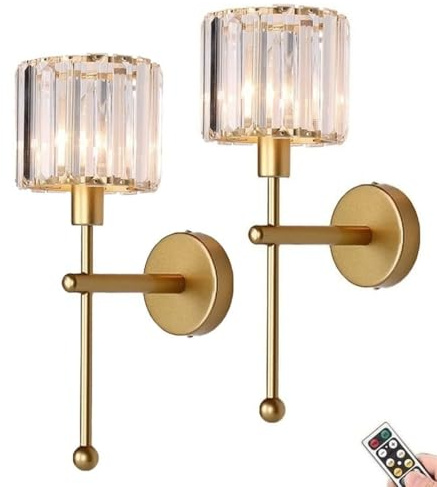 Non Hardwired Wall Sconces Battery Operated Wall Lights set of 2, Wireless Glass Wall Lighting Fixture with Remote & Rechargeable Bulbs, No Wires Lamp for Living Room Bedroom Bathroom Porch Corridor (