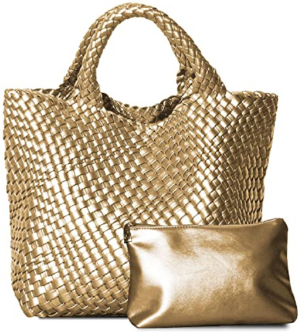 Dyalsa Woven Tote Bag for Women, Vegan Leather Handbag Large Summer Beach Bag and Purse Retro Handmade Travel Shoulder Bag (Gold)