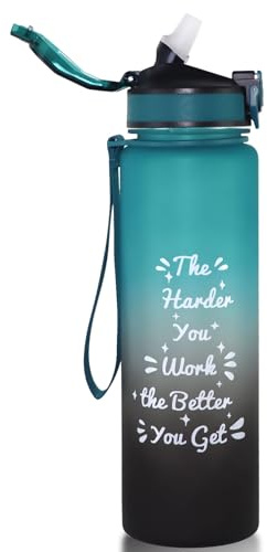 GLEKGLEK Trinkflasche mit Strohhalm, Wasserflasche 1L, Tritan Sportflasche BPA Frei für Fitness, Schule, Fahrrad, Outdoor (Grün Schwarz)