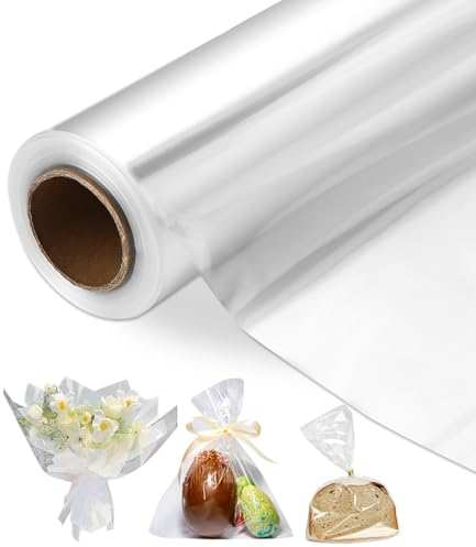 LEAZZLE 86CM x 30M Klare Cellophanfolie, Geschenkfolie Transparent Klarsichtfolien, Geschenkpapier Rolle, Verpackungsfolie auf Rolle,für Blumen Geschenkkörbe Verpackung Weihnachten(Falten Sie in 43CM)