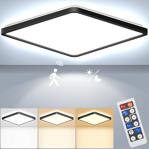 RDGOOD 24W Sensor LED Deckenleuchte Dimmbar mit Bewegungsmelder, 2400LM Radar LED Deckenlampe Dimmbar mit Fernbedienung, 3000K/4500K/6500K Sensorlampe Für Bad, Garage, Keller, Flur, Diele 30x30x2,5CM