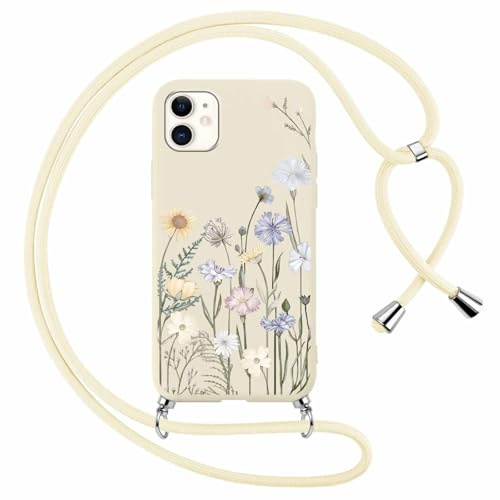 Yoedge Coque avec Cordon pour iPhone 11 6,1, Étui Réglable Laniere Tour de Cou Corde Collier Case avec Aesthetic Motif Fleur, Mince TPU Silicone Antichoc Housse Cover pour iPhone 11, Beige1