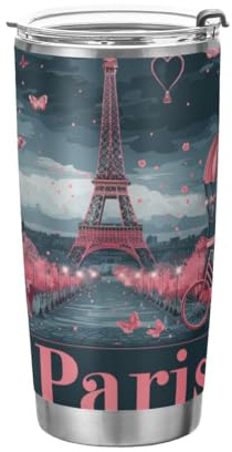 JUMBEAR Vaso de 590 ml, romántica Torre Eiffel de París, de acero inoxidable, aislado al vacío, taza de café y agua, doble pared con recubrimiento en polvo, a prueba de derrames, taza térmica para el