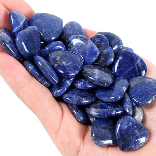 QINJIEJIE 20 Stück Herz Steine Heilung Kristalle Blauer Sodalith Natürliche Edelsteine Liebe Herz Stein Set Glückssteine Daumen Edelsteine für Chakra Reiki Meditation