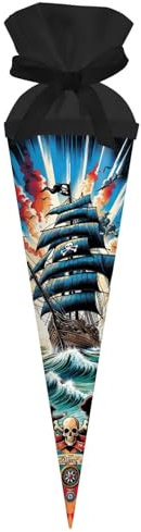 goldbuch 93 159 Geschwistertüte Piratensturm, Schultüte mit Piraten-Motiv, Lackkarton, Geschenkverpackung mit schwarzem Filzverschluss (ohne Verschlussband), Zuckertüte rund, Länge 35 cm, Ø 11,5 cm