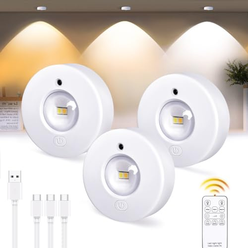 Epochglo Under Cabinet Kitchen Rechargeable Wireless Puck Lights with Remote, 3 Color Temperatures Battery Operated LED Dimmable Push Lights, Round Stick-on Display Shelf Cupboard with Timer, 3 Pack
