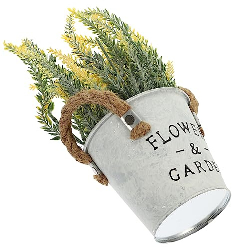 Happyyami Artificial Potted Flowers Bonsai Faux Plants for Home Decor Vibrant Lavender Arrangement Vintage Iron Bucket for Balcony Patio Office and Events