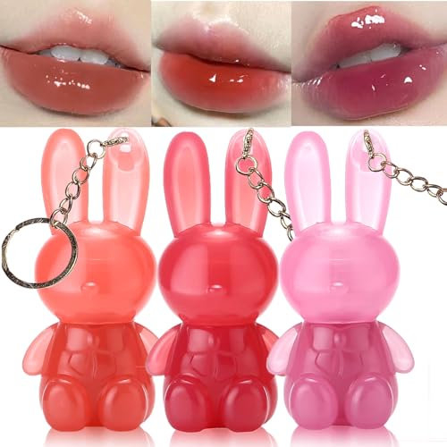 Sitovely Lot de 3 rouges à lèvres liquides en forme de lapin - Gloss brillant à lèvres - Porte-clés - Gloss à lèvres anti-adhésif - Gloss à lèvres repulpant - Pour filles