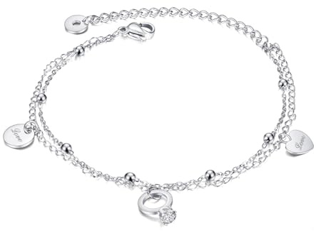 Glintara Fußkettchen für Damen, Verstellbar Fussketten für Frauen, Sommer Strand Knöchel Armband, Doppelte Fußkette Zirkon, Mehrschichtige Fusskettchen, Wasserfest Fußspange Knöchel Kette Fußschmuck