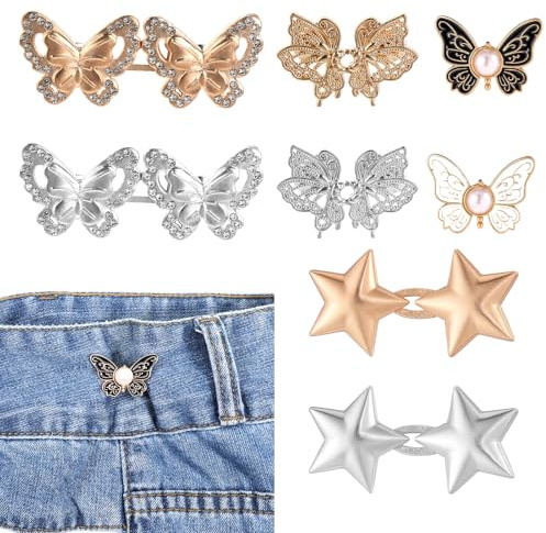 8 Sets Knöpfe Hosen Enger Machen, Schmetterlingsform Hosen-Enger Machen Clip Sternform Blütenform Waist Clip Fliege-Form Hosenknopf Zum Enger Machen-Jeans Knöpfe Ohne Nähen Verstellbare Jeansknöpfe