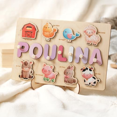 Craftnez Personalisiertes Namenspuzzle aus Holz – Montessori Steckpuzzle – Holzpuzzle 1 Jahr – Geschenk zur Geburt, Taufe & zum 1. Geburtstag