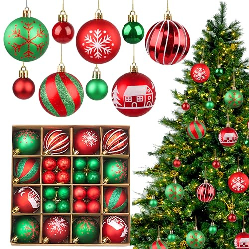 44 Stück Weihnachtskugeln Rot Grün Set, 3cm & 6cm Christbaumkugeln Kunststoff, Christmas Baubles, Bruchsichere Kunststoff Deko Kugeln für Weihnachtsbaum & Festliche Deko (Rot und Grün)