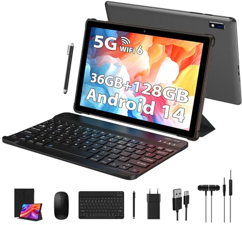 PIXPEAK Android Tablet 10 Pollici Con 5G WiFi 6 Octa-Core 2.0GHz, 36GB RAM, 128GB ROM (TF 1TB), 8000mAh, Widevine L1, Fotocamera 5+8MP - Tastiera, Mouse, Custodia, Auricolari Inclusi - Grigio