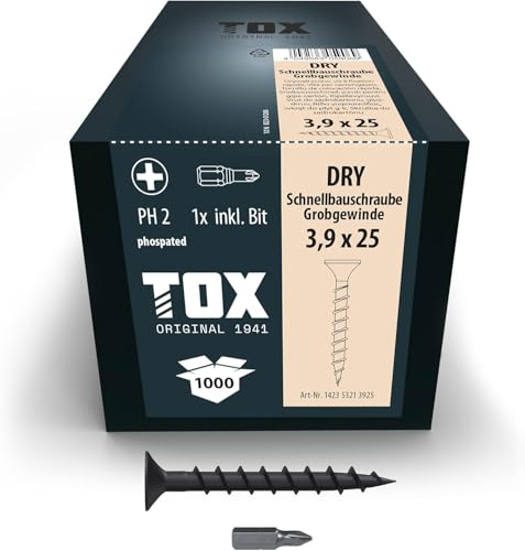 TOX Schnellbauschrauben DRY GG 3,9 x 25 mm M, Schrauben schwarz phosphatiert mit Trompetenkopf + Grobgewinde, Gipskartonplatte auf Holz-Unterkonstruktion, PH2, 1000 Stück, inkl. 1x Bit, 142353213925