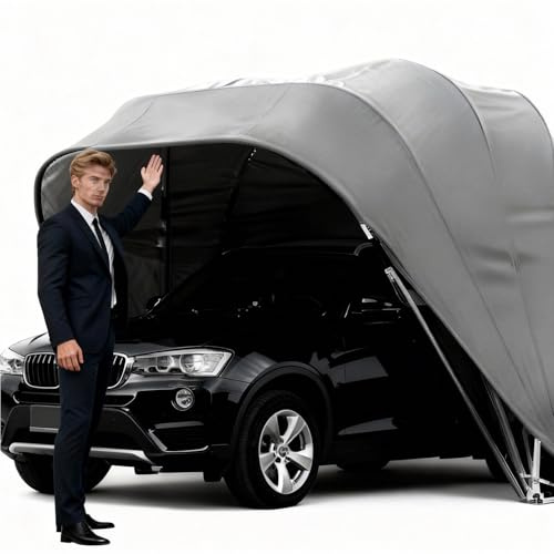 Carport in acciaio inox, Carport pieghevole semiautomatico per esterni, ampio garage pieghevole per auto, ideale per parcheggio, camion, SUV, grigio(6.4x2.8x2.65m)