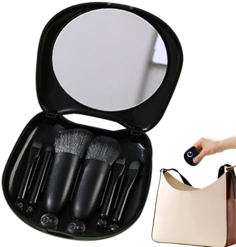 Makeupborstset – 6 st syntetiska borst med miniförvaringsbox spegel | bärbara resesminsverktyg, grymhetsfritt skönhetskit, present till kattälskare