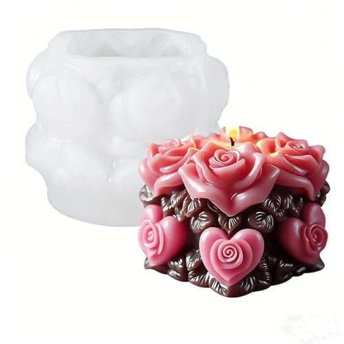YRIHJIXQ Stampo in silicone 3D a forma di rose e cuori, per candele, fiori, con motivi in rilievo, sapone, resina epossidica, gesso