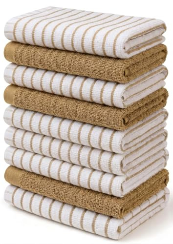 Towelogy® Beige Tea Towels for Kitchen | Pack of 9 Large 60x40cm Wonderdry Cotton Terry Dish Drying Towels | Everyday Value Multi-Pack